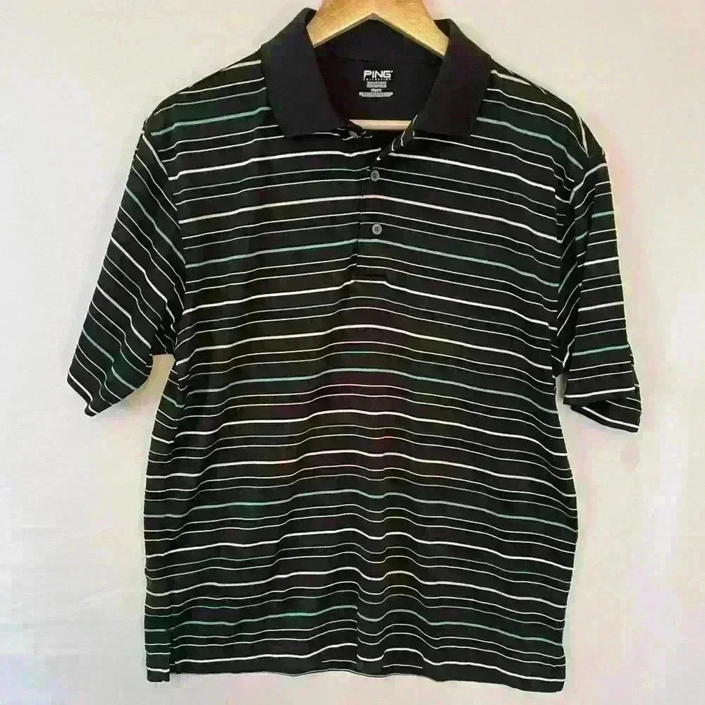 Men’s PING Striped Athletic Performance Polo Black, White and Green Size Medium